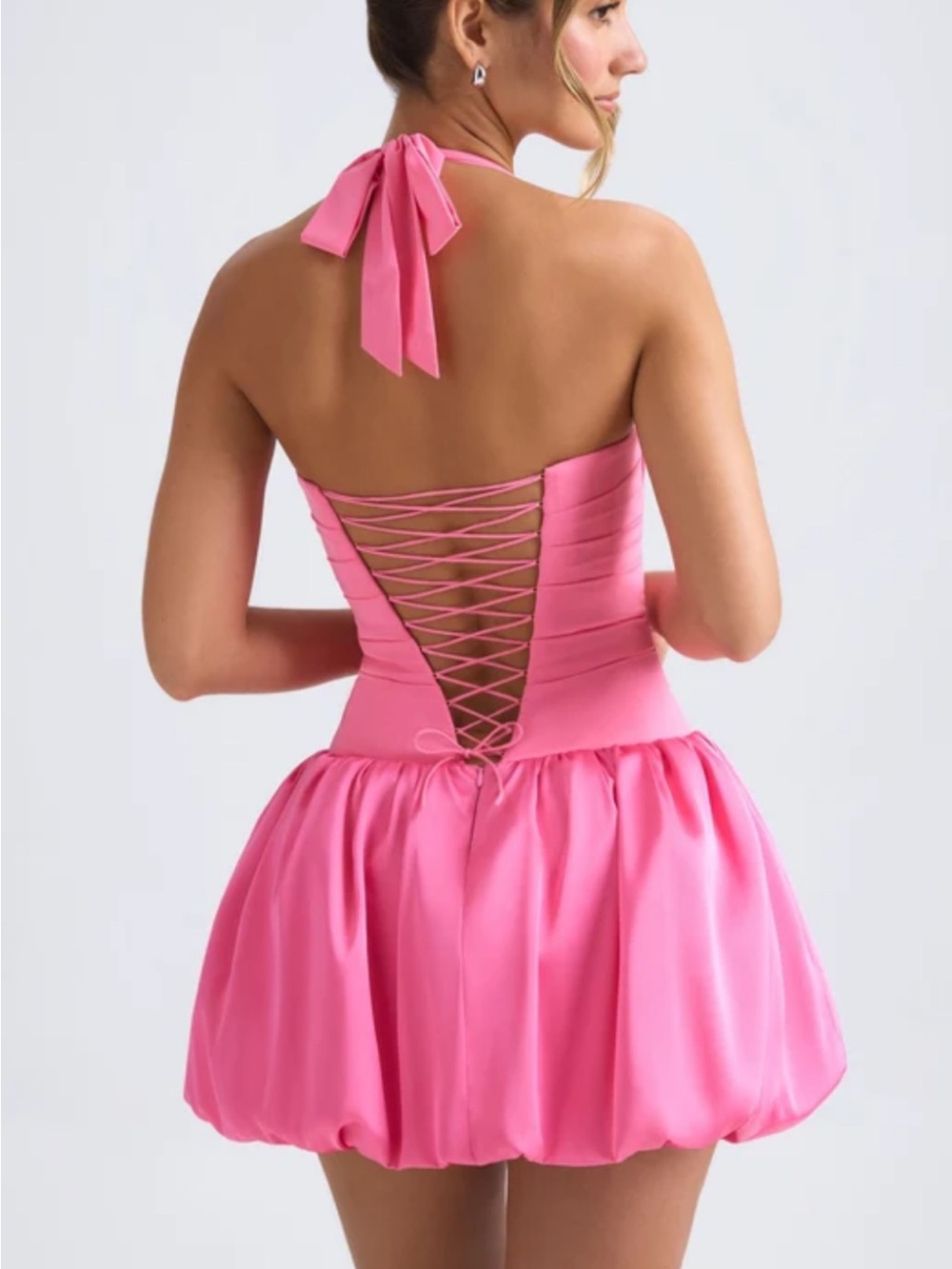 Oh Polly Pink Halter Lace-Up Bubble Mini Dress. New without tag